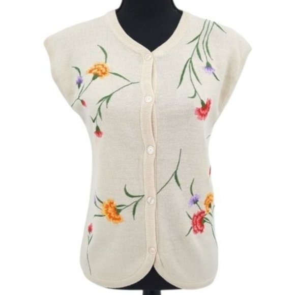 Vintage Sweaters - VTG 70s Leroy Ivory Floral Embroidered Sleeveless Button Front Sweater Vest M